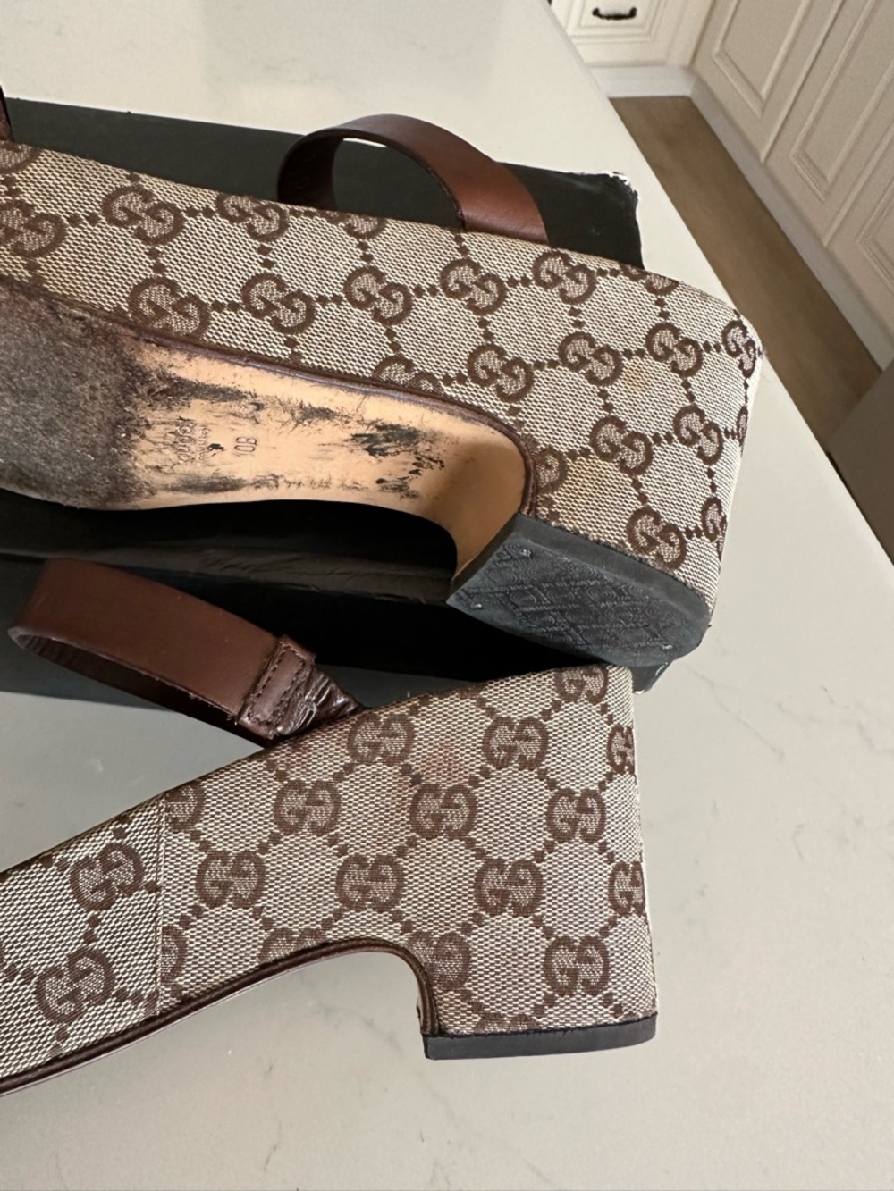 Gucci Brown GG Canvas Low Block Heel Sandals - Picture 3 of 9